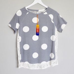 NWT Gray & White Polka Dot Top w/ Lace